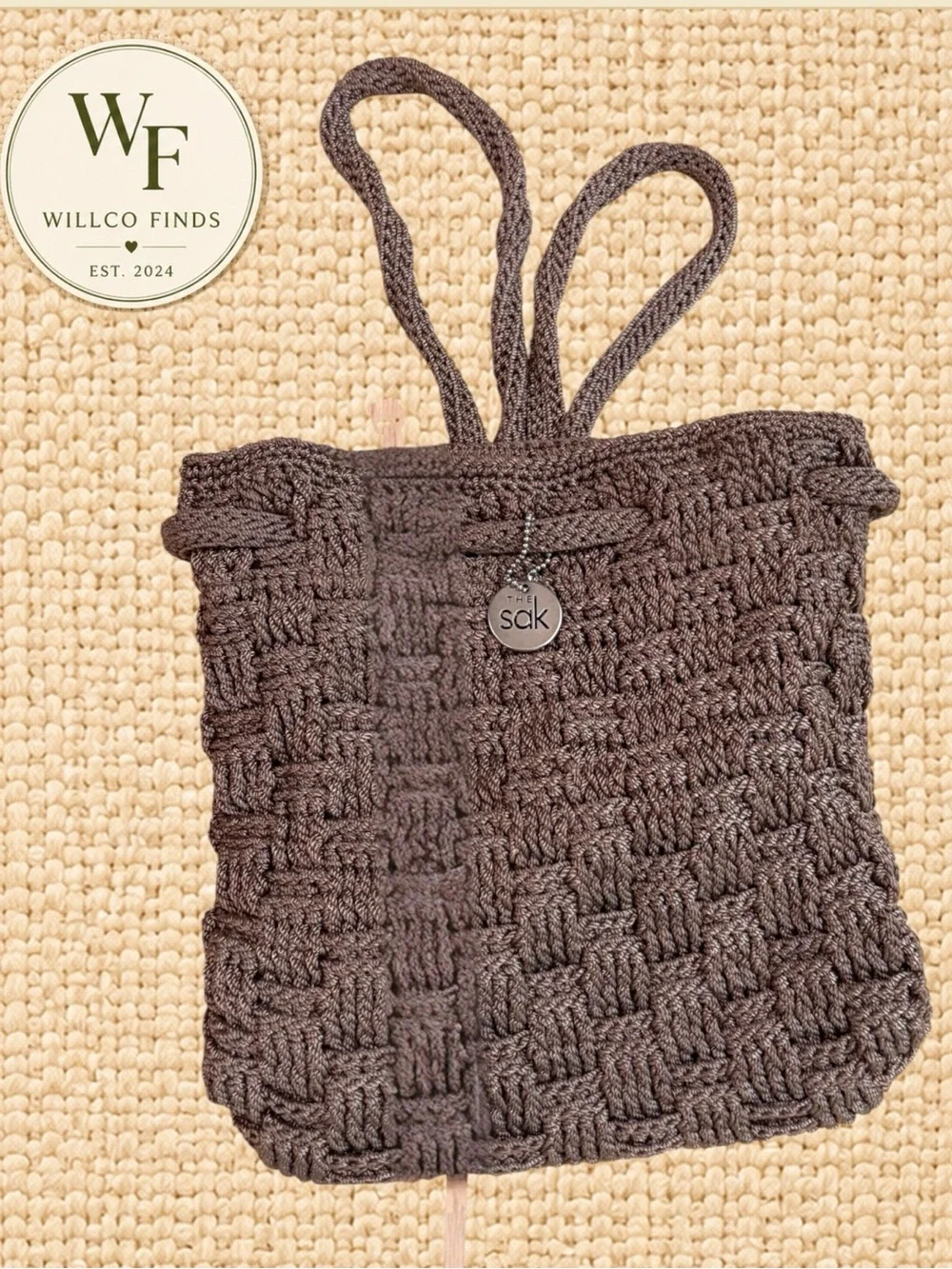 The Sak Brown Taupe Crochet Drawstring Mini Backpack Purse Boho Y2K